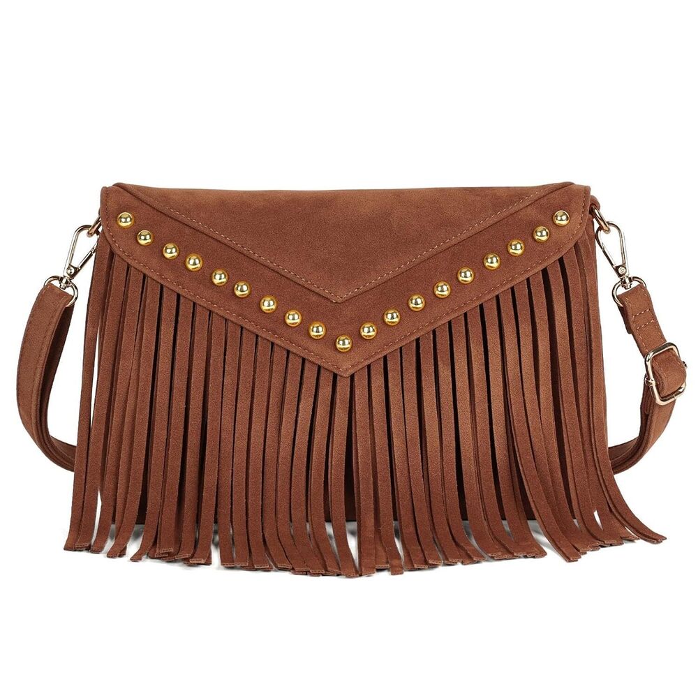Boho Western Fringe Purse for Women Double Velour Suede Crossbody
